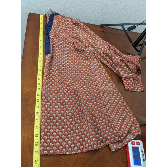 Maddy K Printed Tunic L‎ Orange Long Collared Top Button Up Blouse Everyday Work - Picture 6 of 7